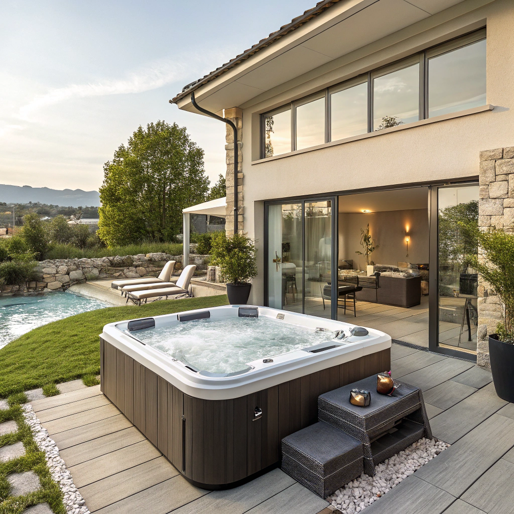 Spa jacuzzi à Bourgoin-Jallieu (38) 1 Spa extérieur moderne dans un jardin à Bourgoin-Jallieu